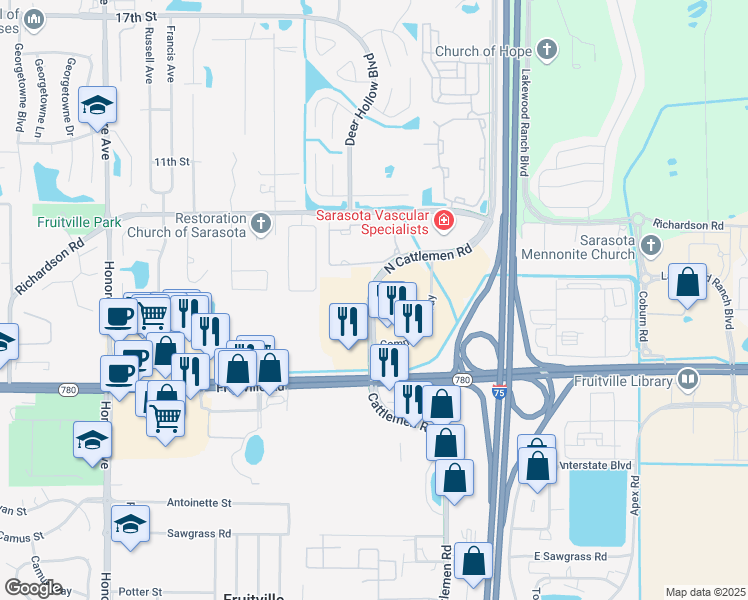 map of restaurants, bars, coffee shops, grocery stores, and more near 301 North Cattlemen Road in Sarasota