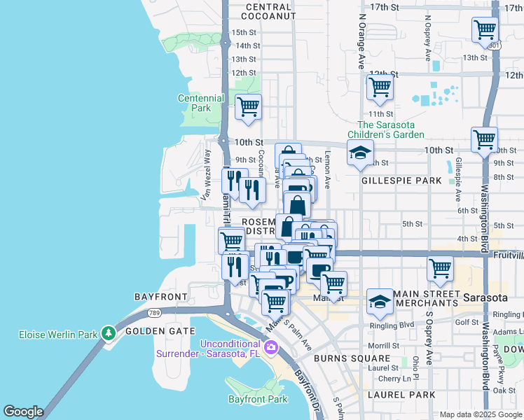 map of restaurants, bars, coffee shops, grocery stores, and more near Boulevard of the Arts in Sarasota