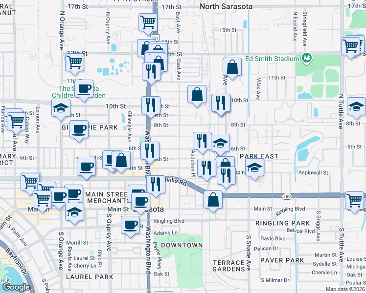 map of restaurants, bars, coffee shops, grocery stores, and more near 2074 7th Street in Sarasota
