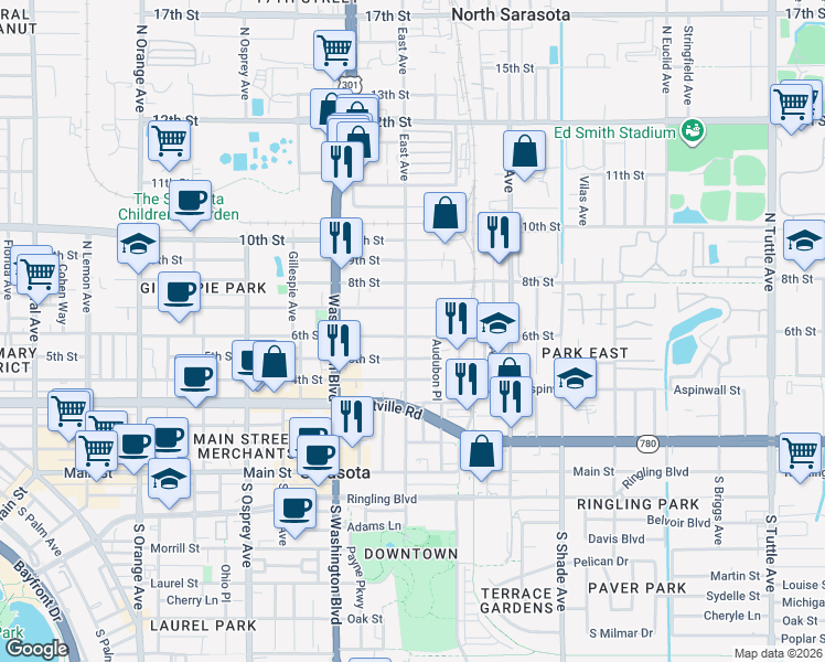 map of restaurants, bars, coffee shops, grocery stores, and more near 2074 7th Street in Sarasota