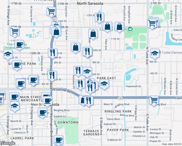 map of restaurants, bars, coffee shops, grocery stores, and more near 650 North Lime Avenue in Sarasota