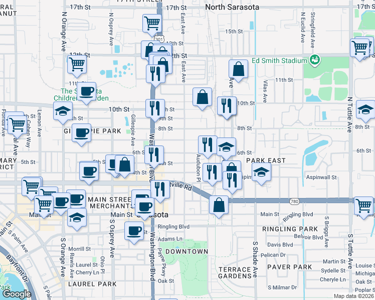 map of restaurants, bars, coffee shops, grocery stores, and more near 2074 7th Street in Sarasota