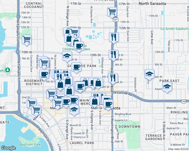 map of restaurants, bars, coffee shops, grocery stores, and more near 639 North Osprey Avenue in Sarasota
