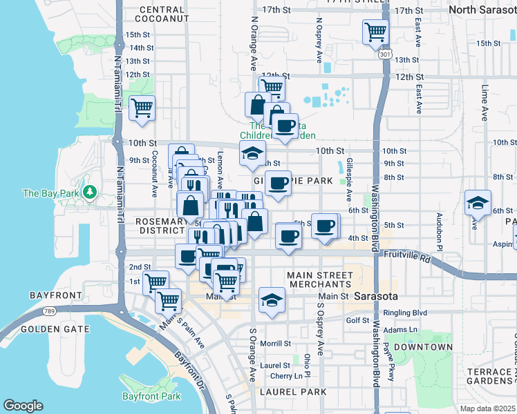 map of restaurants, bars, coffee shops, grocery stores, and more near 1591 7th Street in Sarasota