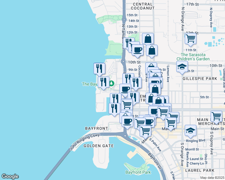map of restaurants, bars, coffee shops, grocery stores, and more near 988 Boulevard of the Arts in Sarasota