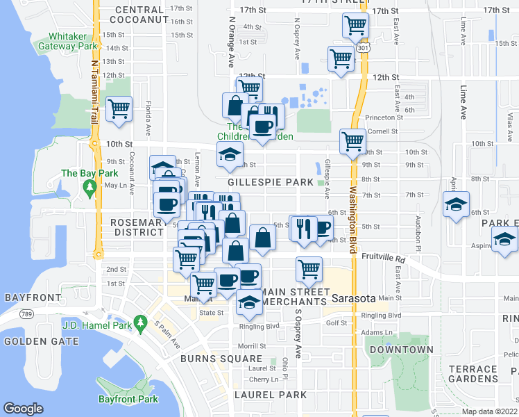 map of restaurants, bars, coffee shops, grocery stores, and more near 1681 6th Street in Sarasota