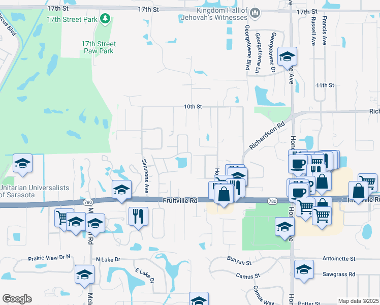 map of restaurants, bars, coffee shops, grocery stores, and more near 4787 Oak Hill Drive in Sarasota