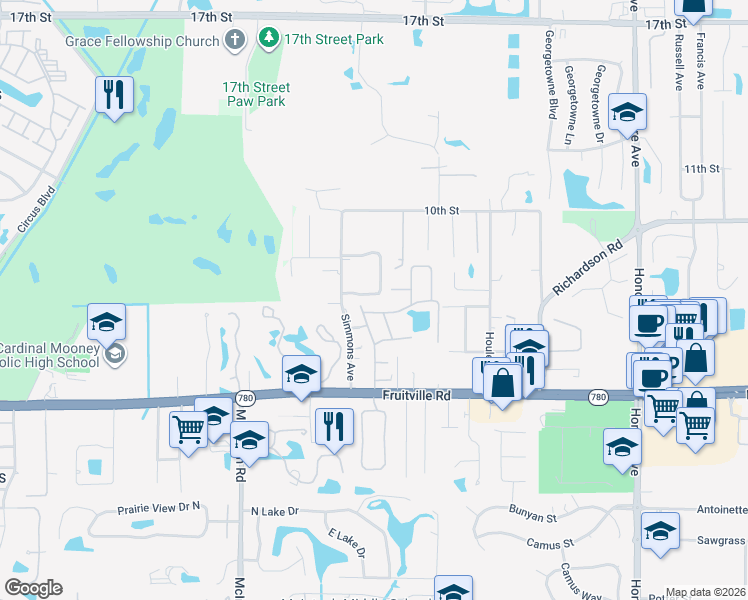 map of restaurants, bars, coffee shops, grocery stores, and more near 4638 Breezy Pines Boulevard in Sarasota