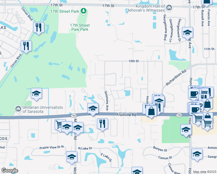 map of restaurants, bars, coffee shops, grocery stores, and more near 4621 Breezy Pines Boulevard in Sarasota