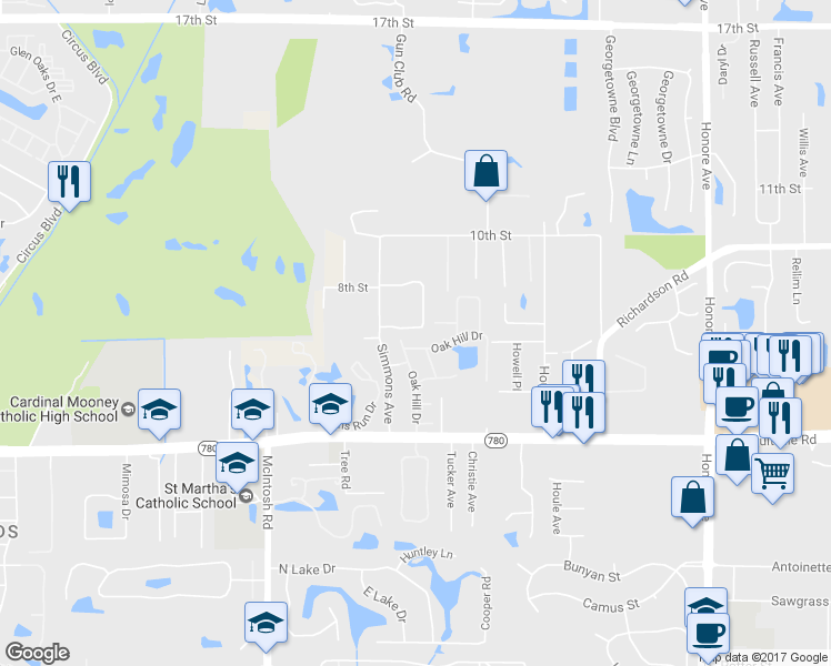 map of restaurants, bars, coffee shops, grocery stores, and more near 4711 Oak Hill Court in Sarasota