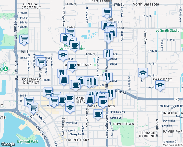 map of restaurants, bars, coffee shops, grocery stores, and more near 1874 7th Street in Sarasota
