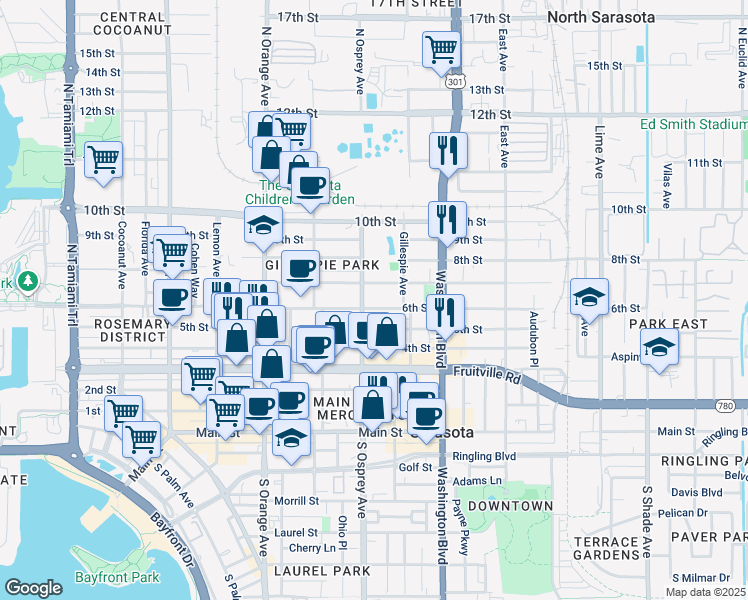 map of restaurants, bars, coffee shops, grocery stores, and more near 639 North Osprey Avenue in Sarasota