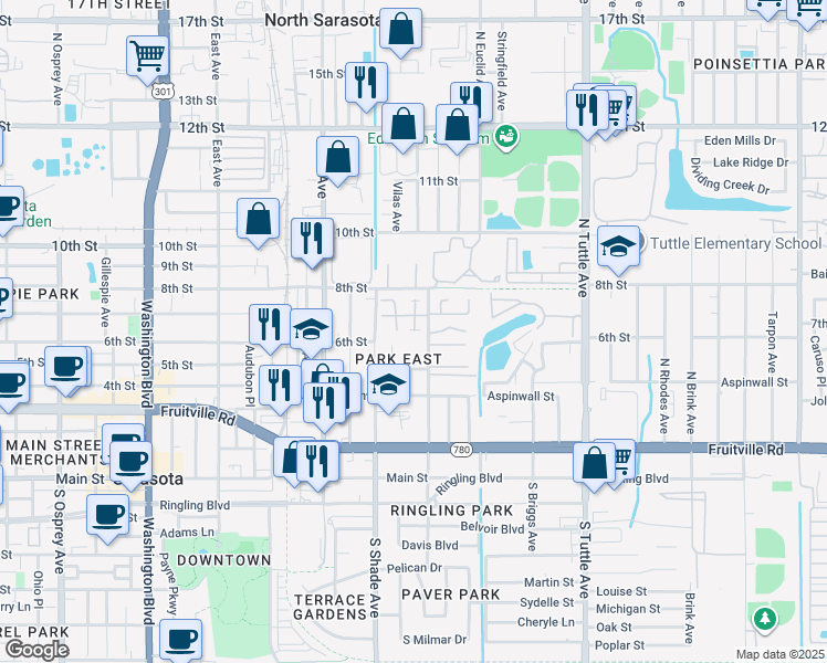 map of restaurants, bars, coffee shops, grocery stores, and more near 623 North Jefferson Avenue in Sarasota