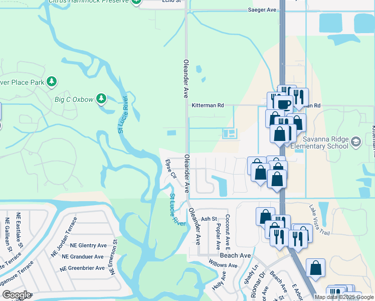 map of restaurants, bars, coffee shops, grocery stores, and more near 7250 Oleander Avenue in Port St. Lucie