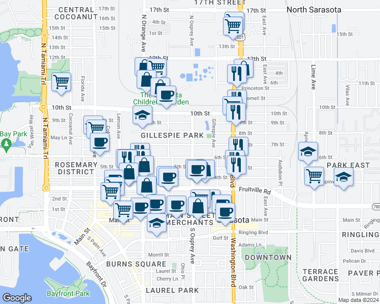 map of restaurants, bars, coffee shops, grocery stores, and more near 621 North Osprey Avenue in Sarasota