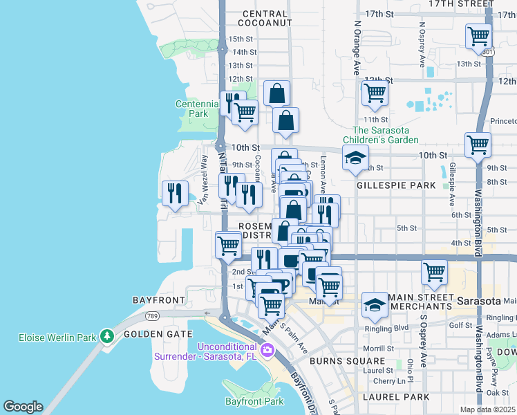 map of restaurants, bars, coffee shops, grocery stores, and more near 631 Cocoanut Avenue in Sarasota