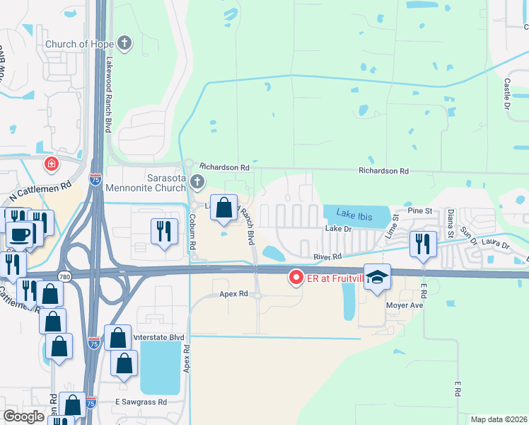 map of restaurants, bars, coffee shops, grocery stores, and more near 6670 Richardson Road in Sarasota