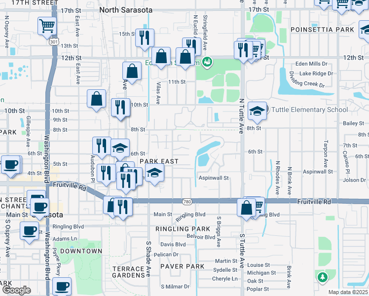 map of restaurants, bars, coffee shops, grocery stores, and more near 662 North Jefferson Avenue in Sarasota