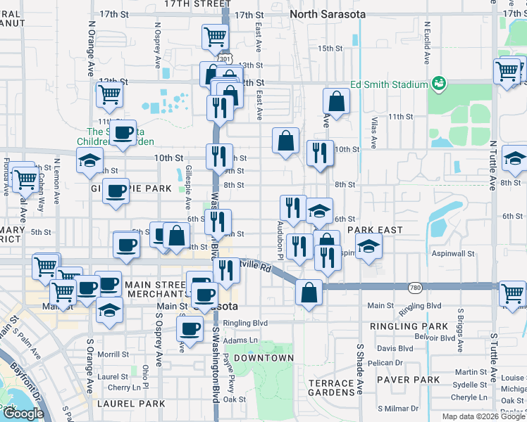 map of restaurants, bars, coffee shops, grocery stores, and more near 2074 7th Street in Sarasota