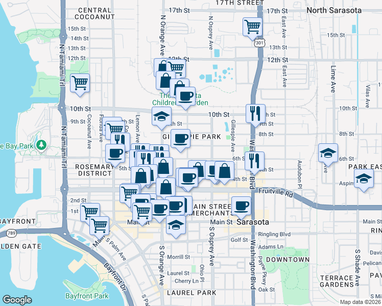 map of restaurants, bars, coffee shops, grocery stores, and more near 1718 7th Street in Sarasota