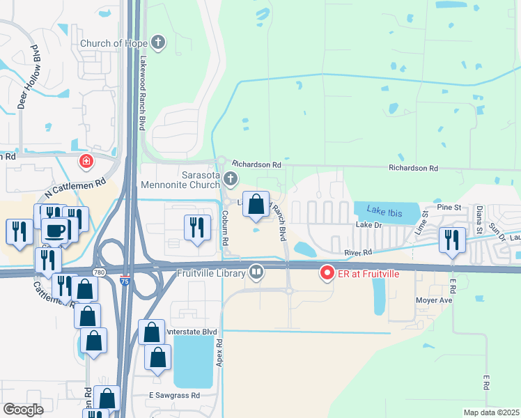 map of restaurants, bars, coffee shops, grocery stores, and more near 2161 Lakewood Ranch Boulevard in Sarasota