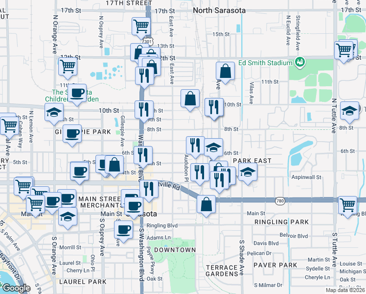 map of restaurants, bars, coffee shops, grocery stores, and more near 2162 7th Street in Sarasota