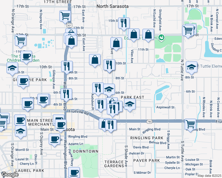 map of restaurants, bars, coffee shops, grocery stores, and more near 650 North Lime Avenue in Sarasota