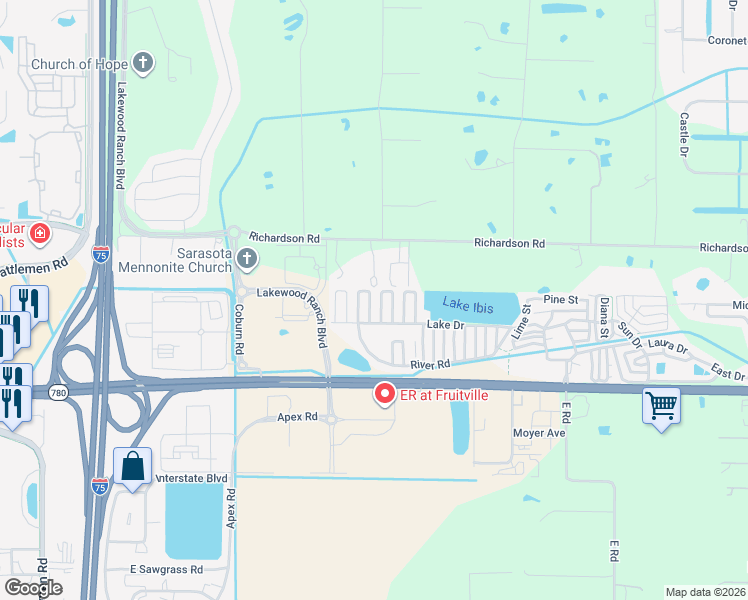 map of restaurants, bars, coffee shops, grocery stores, and more near 6686 Richardson Road in Sarasota