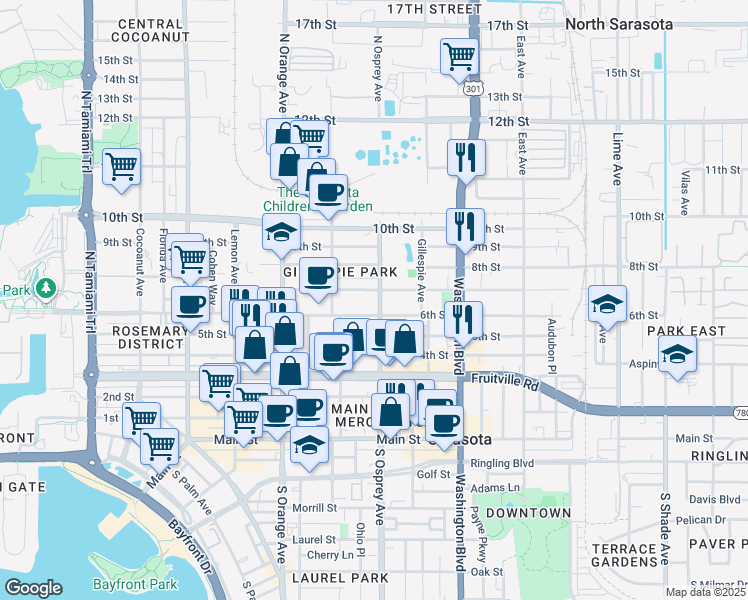 map of restaurants, bars, coffee shops, grocery stores, and more near 639 North Osprey Avenue in Sarasota