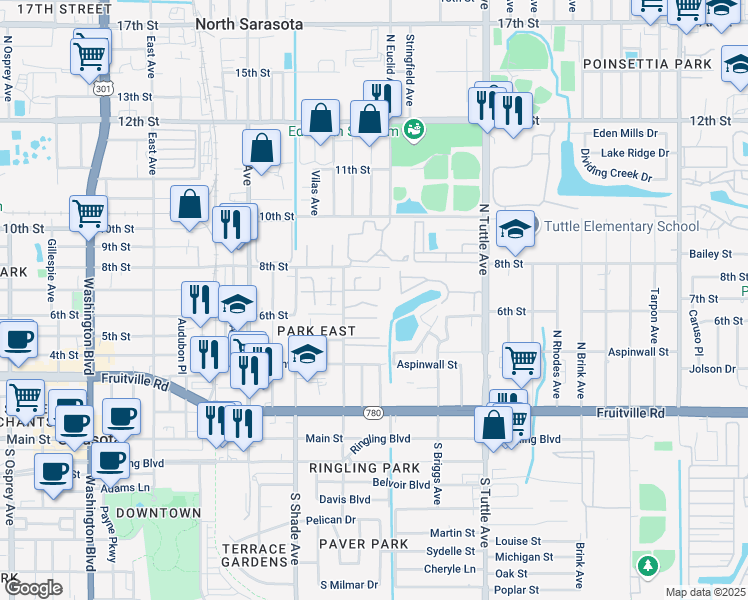 map of restaurants, bars, coffee shops, grocery stores, and more near 662 North Jefferson Avenue in Sarasota