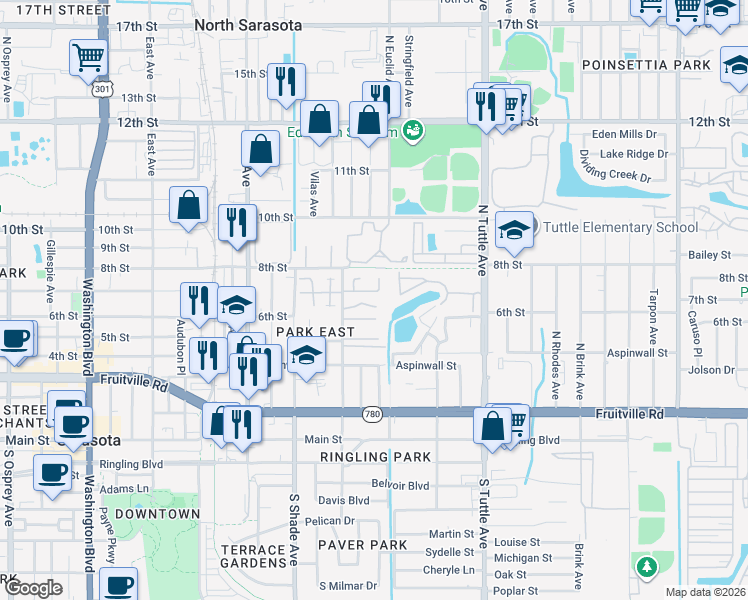 map of restaurants, bars, coffee shops, grocery stores, and more near 662 North Jefferson Avenue in Sarasota