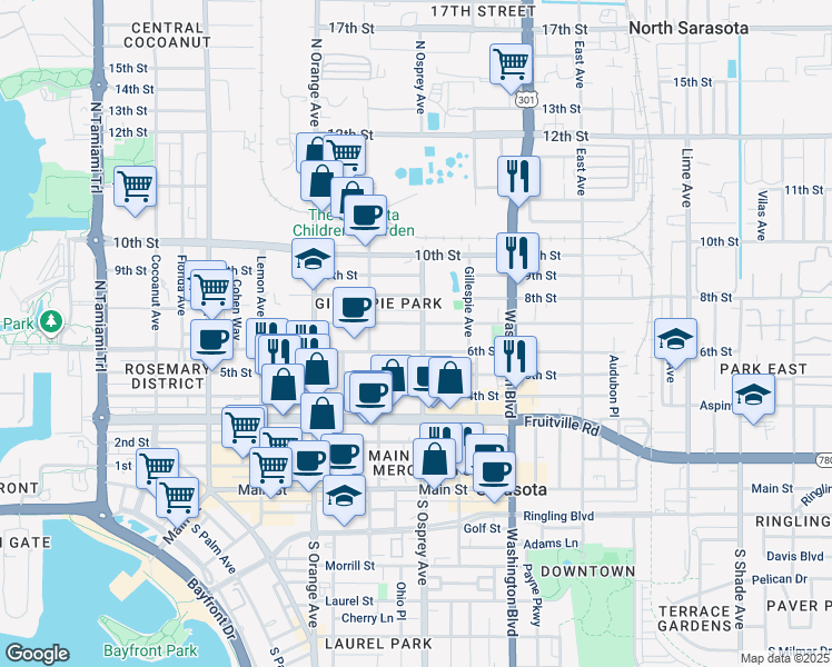 map of restaurants, bars, coffee shops, grocery stores, and more near 639 North Osprey Avenue in Sarasota