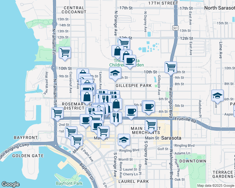 map of restaurants, bars, coffee shops, grocery stores, and more near 1591 7th Street in Sarasota
