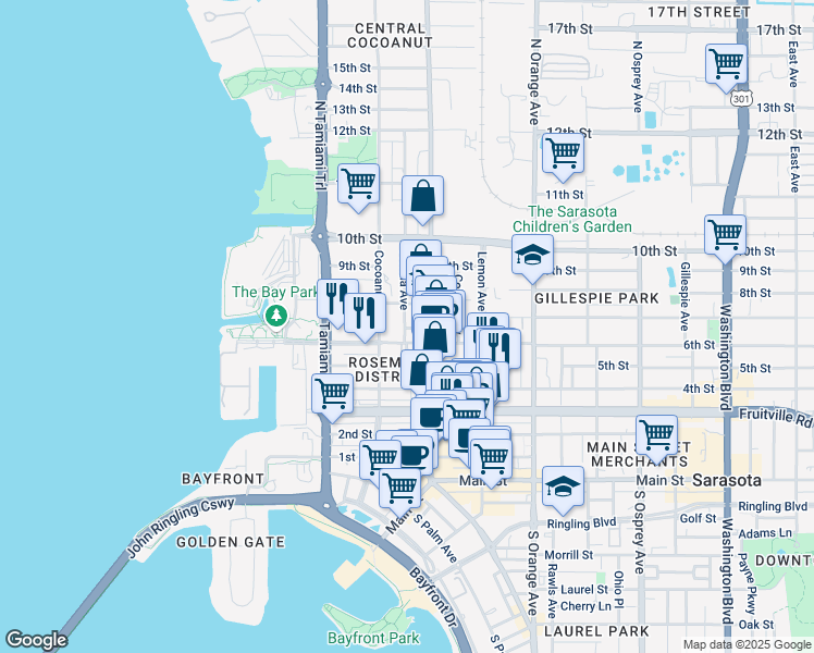 map of restaurants, bars, coffee shops, grocery stores, and more near 645 Rosemary Lane in Sarasota