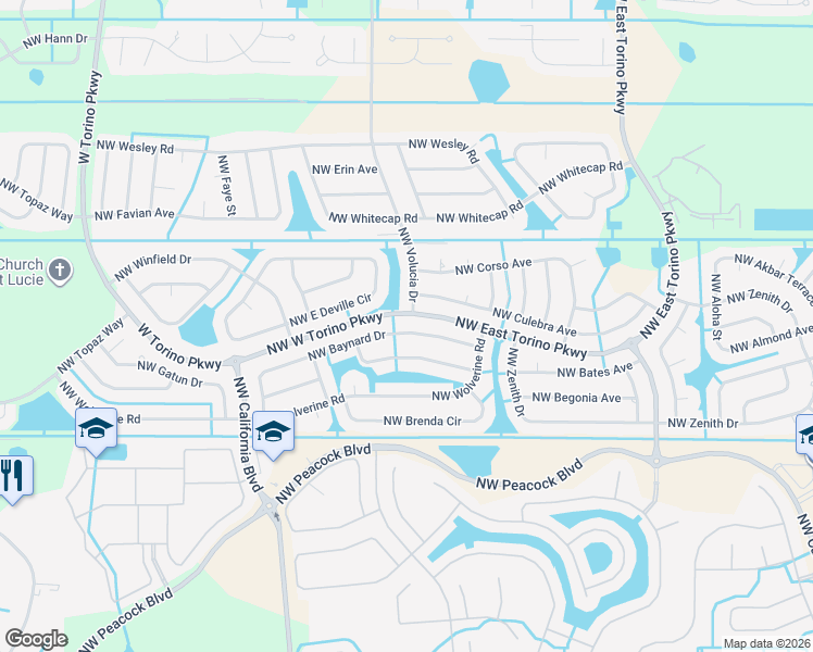 map of restaurants, bars, coffee shops, grocery stores, and more near 5949 Northwest Baynard Drive in Port St. Lucie