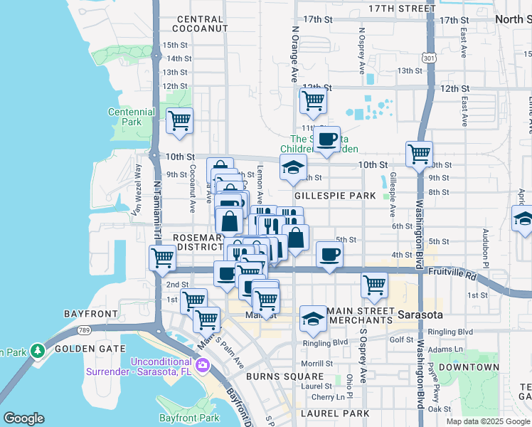 map of restaurants, bars, coffee shops, grocery stores, and more near 672 North Lemon Avenue in Sarasota