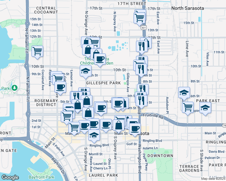 map of restaurants, bars, coffee shops, grocery stores, and more near 639 North Osprey Avenue in Sarasota