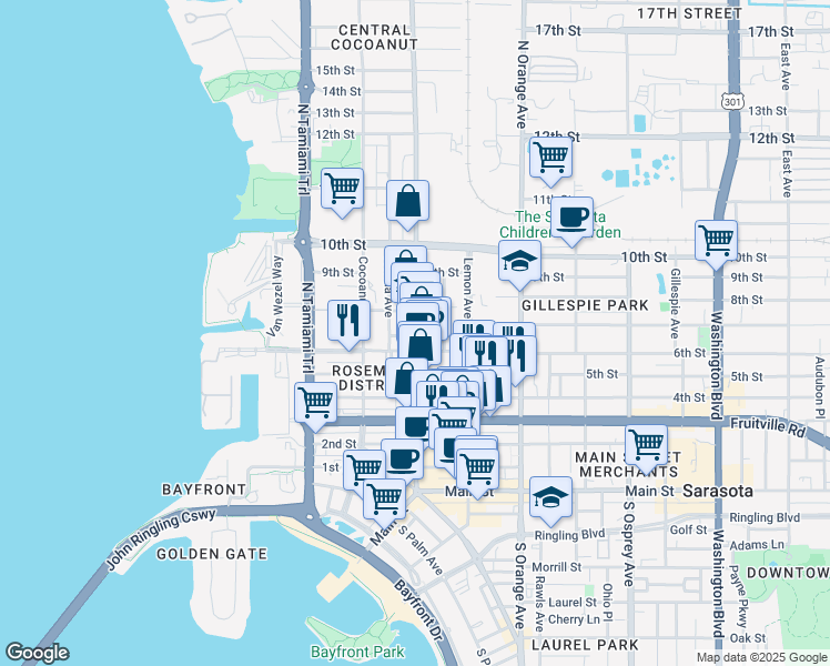 map of restaurants, bars, coffee shops, grocery stores, and more near 650 7th Street in Sarasota