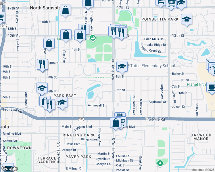map of restaurants, bars, coffee shops, grocery stores, and more near 2749 Hidden Lake Boulevard in Sarasota