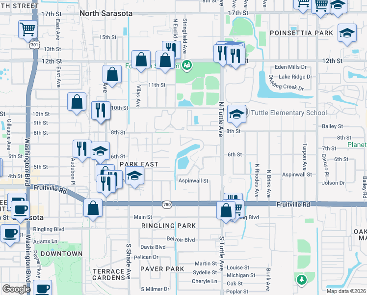 map of restaurants, bars, coffee shops, grocery stores, and more near 2605 Pine Lake Terrace in Sarasota