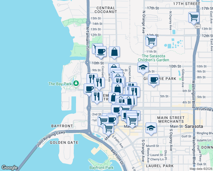 map of restaurants, bars, coffee shops, grocery stores, and more near 700 Cocoanut Avenue in Sarasota