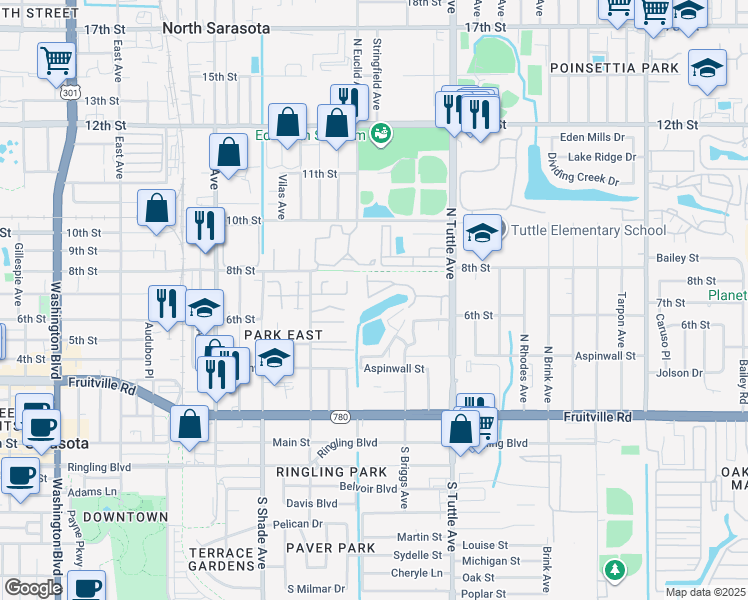 map of restaurants, bars, coffee shops, grocery stores, and more near 2605 Pine Lake Terrace in Sarasota