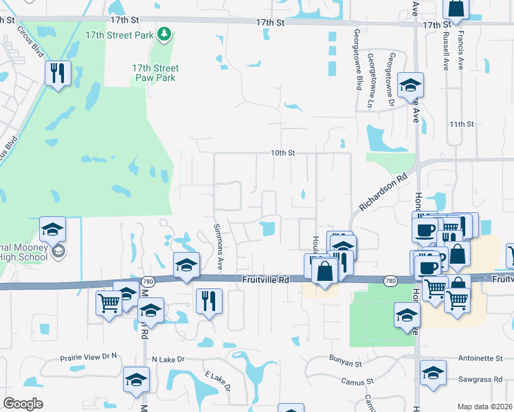 map of restaurants, bars, coffee shops, grocery stores, and more near 4765 Oak Hill Court in Sarasota