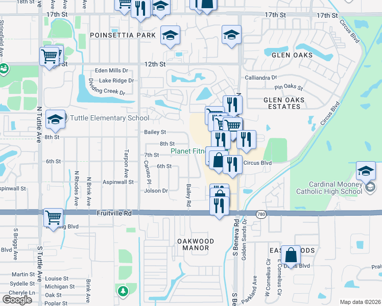 map of restaurants, bars, coffee shops, grocery stores, and more near 635 Melody Circle in Sarasota