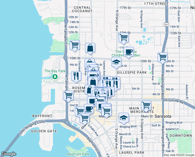 map of restaurants, bars, coffee shops, grocery stores, and more near 650 7th Street in Sarasota