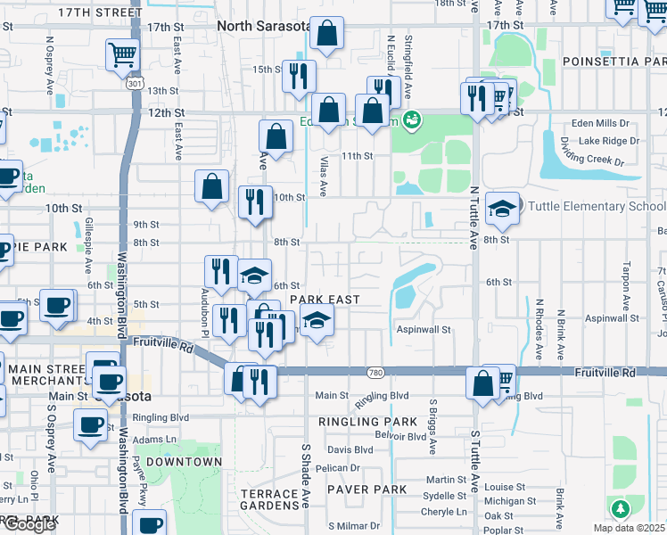 map of restaurants, bars, coffee shops, grocery stores, and more near 631 North Jefferson Avenue in Sarasota