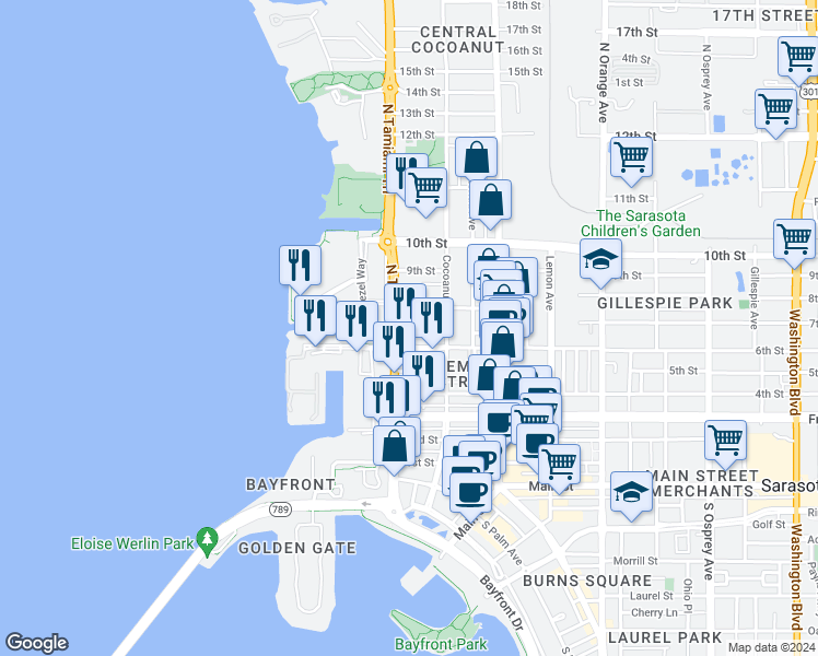 map of restaurants, bars, coffee shops, grocery stores, and more near 626 North Tamiami Trail in Sarasota