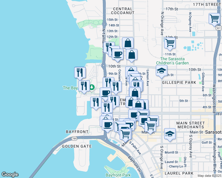 map of restaurants, bars, coffee shops, grocery stores, and more near 750 North Tamiami Trail in Sarasota