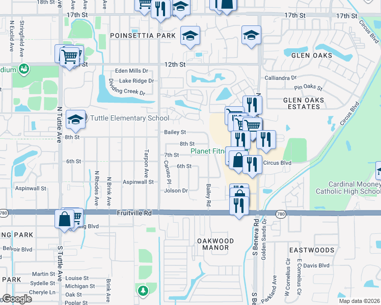 map of restaurants, bars, coffee shops, grocery stores, and more near 3325 7th Street in Sarasota
