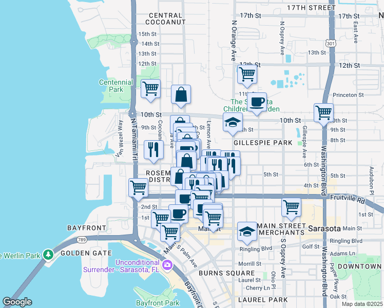 map of restaurants, bars, coffee shops, grocery stores, and more near 650 7th Street in Sarasota